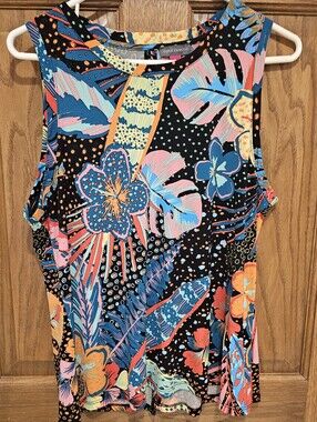 Vince Camuto Black Tropical Floral Sleeveless Tank with Multicolor Blooms